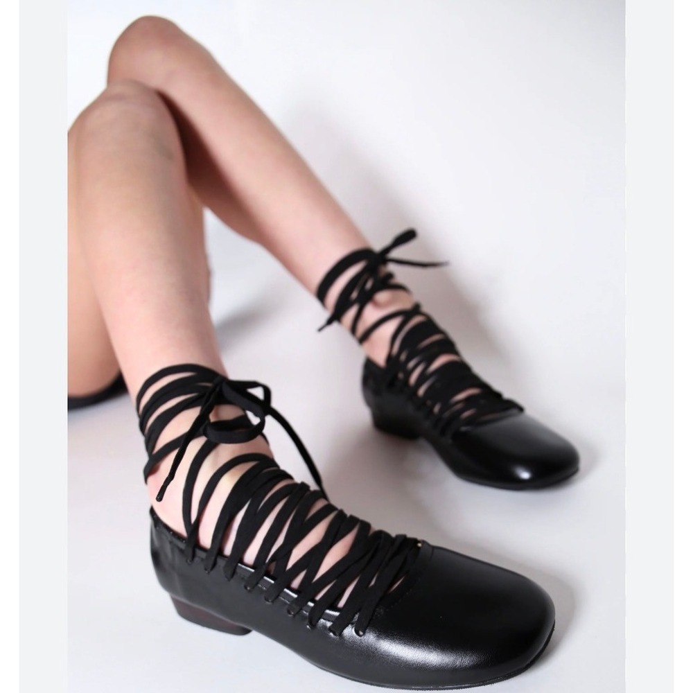 Double Standard Arachnid Black Vegan Leather Lace Up Ballet Flats 8 Square Toe